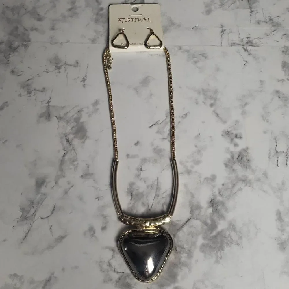 Golden‎ and Silver Pendent Necklace and Earrings Set